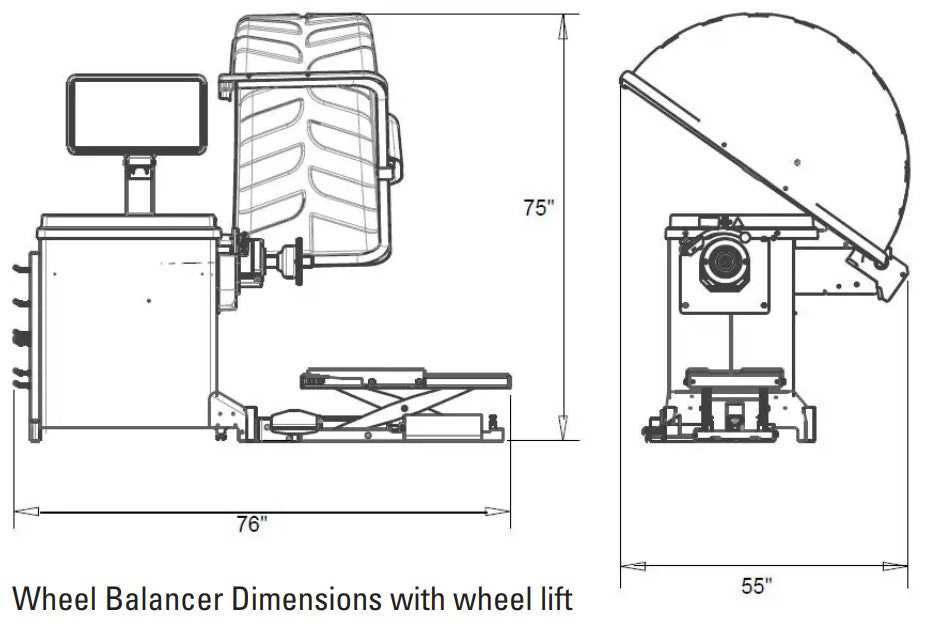 Coats E900 Diagnostic Wheel Balancer Dims with Auto Down Lift
