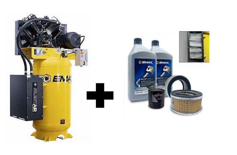 EMAX ESS10V080V1 Silent Air Industrial 10HP V4 Two Stage 1Ph 38CFM 80 Gallon Air Compressor w/isolator pads, Splash Lube Pump