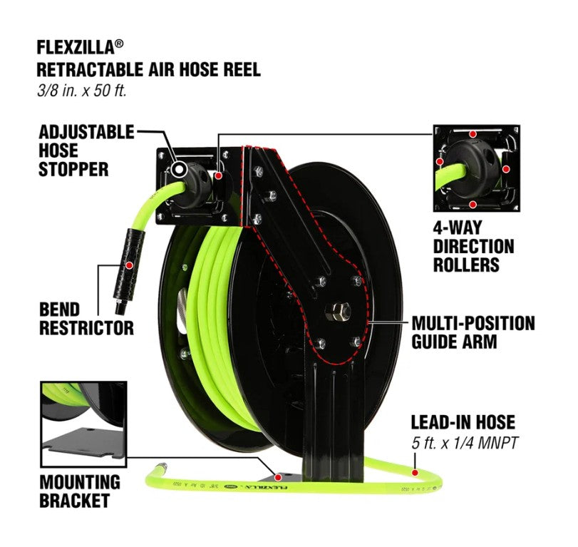 Flexilla L8611FZ Open Face Retractable Air Hose Reel, 3/8" x 50'