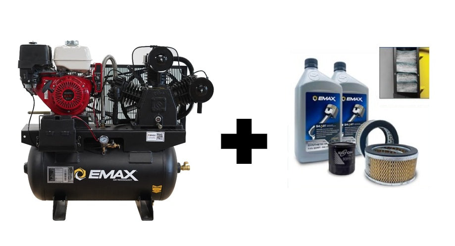 EMAX EGES1330ZT Honda GX Gas Driven w/Electric Start 13 HP 3Cyl 24CFM MAXFlo Splash Lubricated 30 Gal.Truck Mount Stationary Air Compressor
