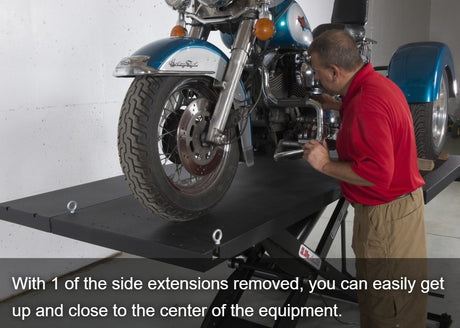 Person working on a motorcycle on a lift with text about side extensions.