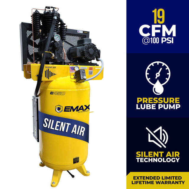 EMAX ESP05V080I1 E450 Series – 5 HP Air Compressor, 80 Gallon, 1 Phase, 2 Stage, Pressure Lubricated, Silent Air System