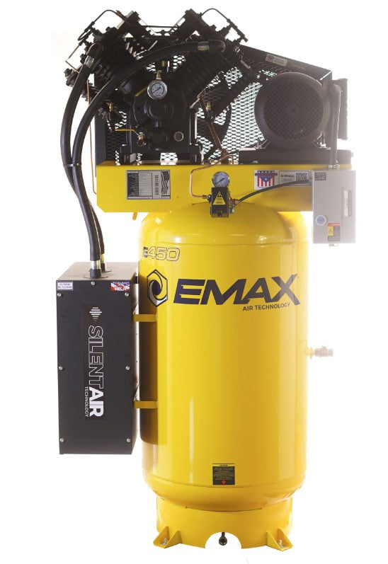 EMAX ESP07V080V1 E450 Series – 7.5 HP Air Compressor, 80 Gallon, 1 Phase, 2 Stage Pressure Lubricated, Silent Air System